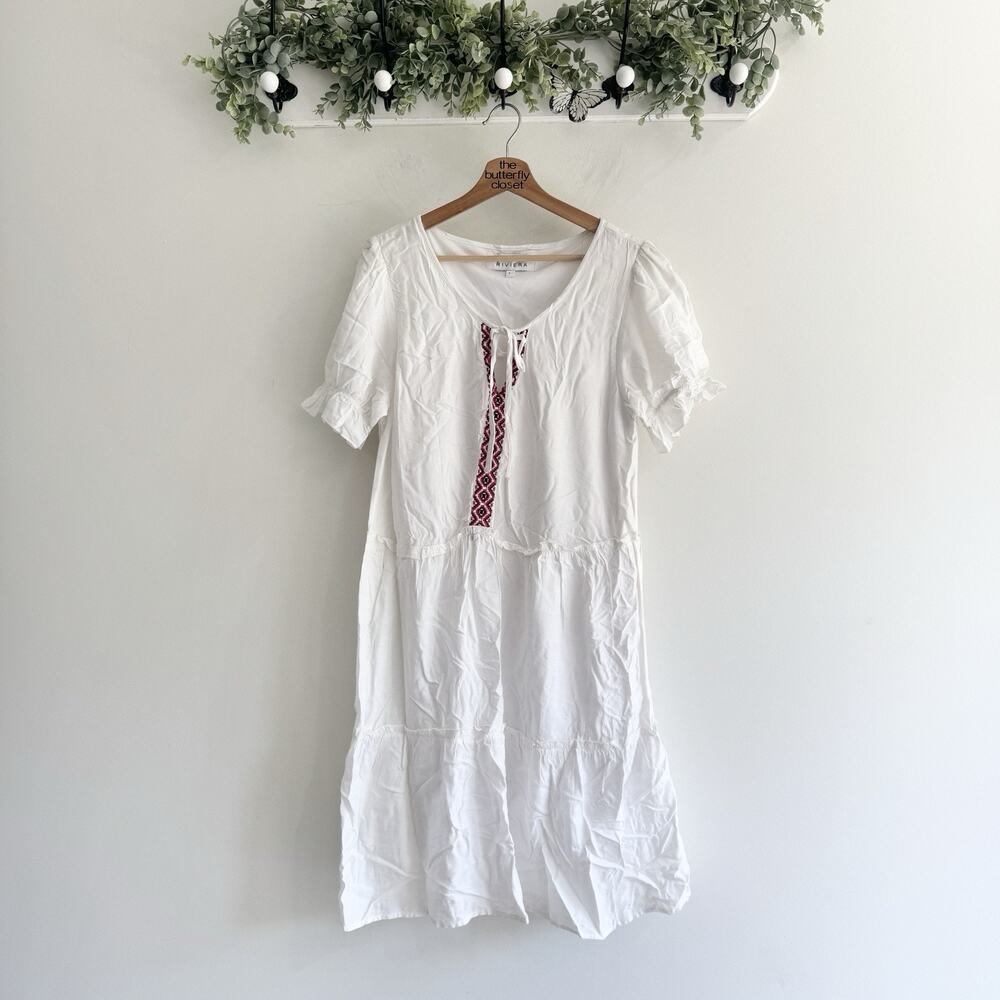 Margaux Riviera Mexican Boho Embroidered White Tiered Dress Size L resort cruise